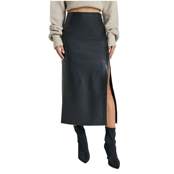 Women's Skirt High Waisted Faux Leather Skirt Bodycon Front Split Pencil Slim Fit Midi Long Skirts