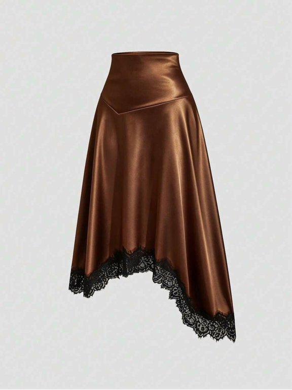Women's Skirt High Waisted Patchwork Asymmetrical Hem A-Line Flared Midi Skirt