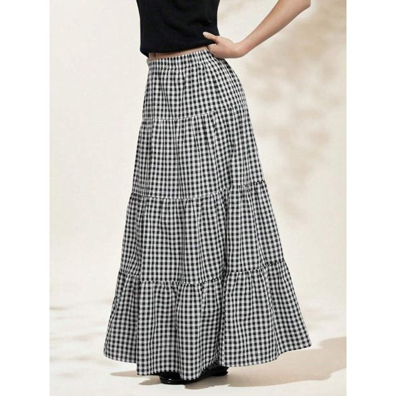 Women's Skirt High Waisted Tiered Ruffle Hem A-Line Flared Maxi Skirt