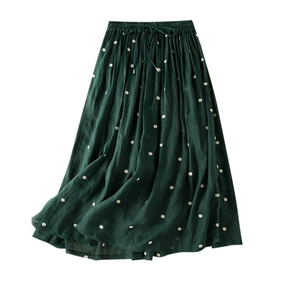 Women's Skirt Retro Midi Polka Dot Skirt Elastic Waist Cotton and Linen Hem Pleated Skirt Long Summer Skirts for Women Green XL