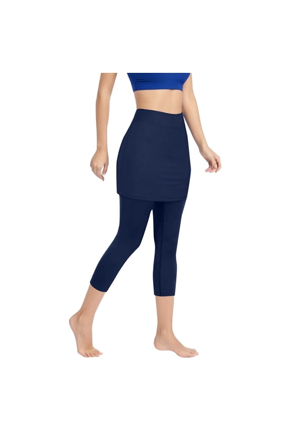 Women's Skirted Yoga Leggings - Elastic Sports Capris with Pockets, Polyester Fabric, Suitable for Tennis/Yoga and Daily Wear