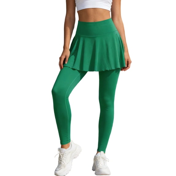 Women's Skirted Yoga Pants, High Waist Pleated Overlay Workout Leggings, 2 in 1 Sport Bottoms for Gym Tennis