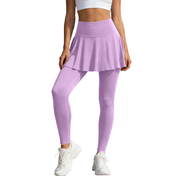 Women's Skirted Yoga Pants, High Waist Pleated Overlay Workout Leggings, 2 in 1 Sport Bottoms for Gym Tennis