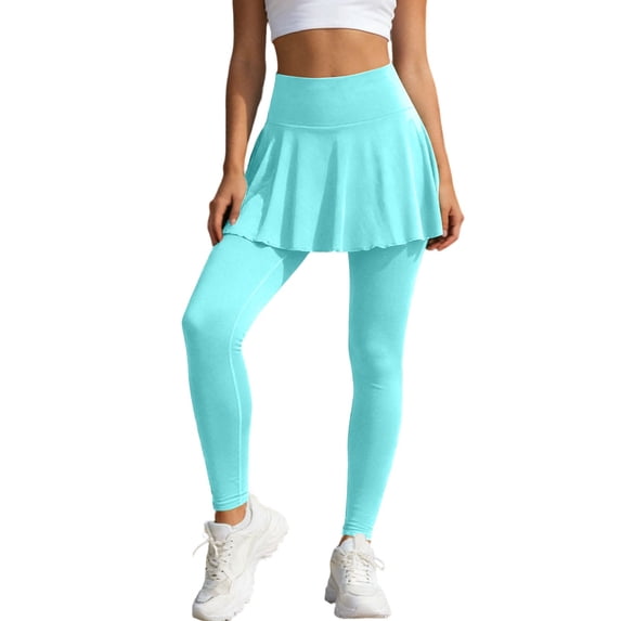 Women's Skirted Yoga Pants, High Waist Pleated Overlay Workout Leggings, 2 in 1 Sport Bottoms for Gym Tennis