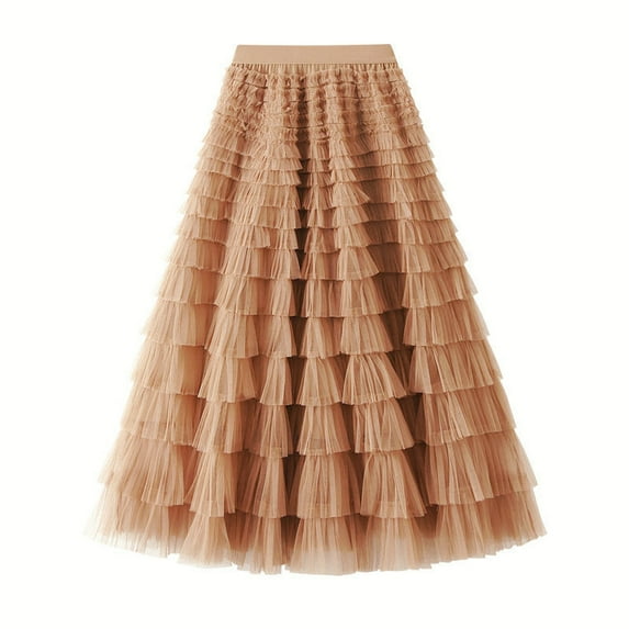 Women's Skirts A Line Pleated Long Tutu Skirt Ruffle Calf Length High Waist Skirt Womens Clothes Khaki L