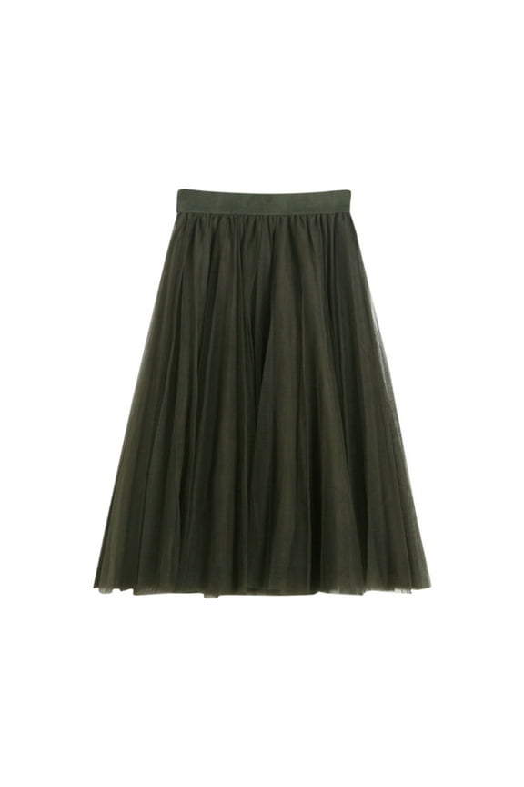 Women's Skirts A Line Pleated Skirt Mid Long Tutu Ruffle Mesh Vintage Chiffon High Waist Summer Clothes for Women Army Green One Size