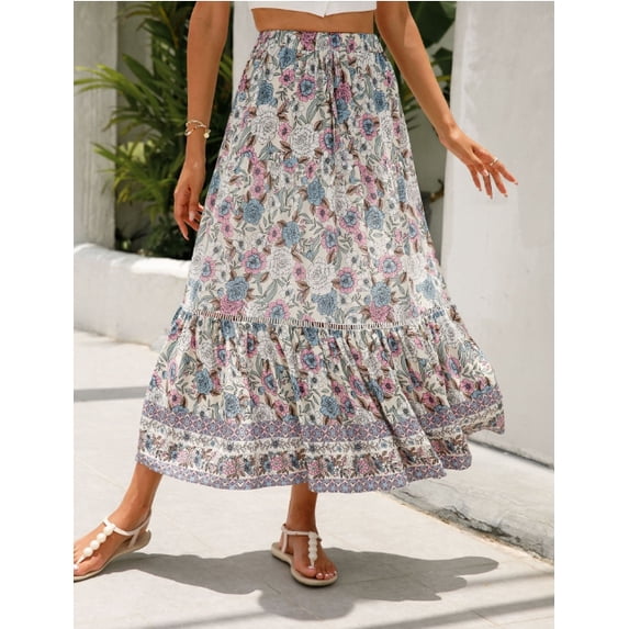Women's Skirts Boho Maxi Skirt Fashion Loose Floral Printed Halter Skirt High Waist Beach Maxi Skirt, S-XL