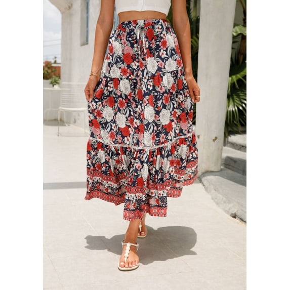 Women's Skirts Boho Maxi Skirt Fashion Loose Floral Printed Halter Skirt High Waist Beach Maxi Skirt, S-XL