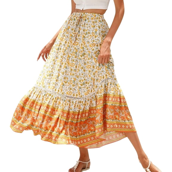 Women's Skirts Boho Maxi Skirt Fashion Loose Floral Printed Halter Skirt High Waist Beach Maxi Skirt, S-XL