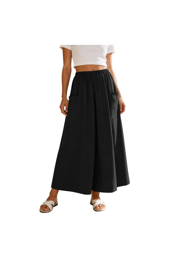 Women's Skirts Elastic High Waist Wide Leg Culottes Skirt Ice Silk Casual Loose Maxi Skirt with Pockets, Flowy Palazzo Pants Style Dress for Summer Beach Daily Wear