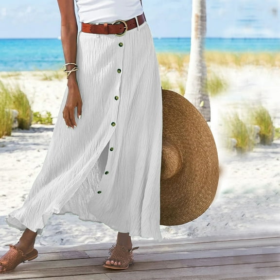 Women's Skirts Elegant Maxi Skirt High Waist Skirts with Pocket Summer Basic Skirt Casual Elasticated A Line Skirts for Women Swing Midi Length Skirts White M