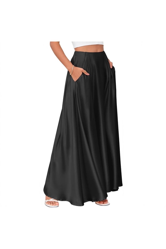 Women's Skirts Fashion Elastic Waist Satin Maxi Skirt with Pocket Summer Casual Long Skirts for Women