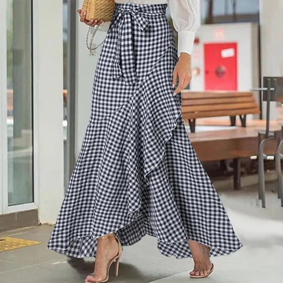 Women's Skirts High Waisted Casual Plaid Maxi Line Irregular Ruffle Hem Fishtail Long Navy Skirt M