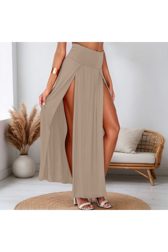 Women's Skirts High Waisted Maxi Double Split Maxi Long Ladies Plain Basic Two Side Slit Khaki Skirt L