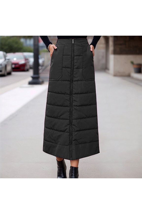 Women's Skirts High Waisted Winter Thickened Down Elegant Midi Length Casual Warm Line Outerwear Black Skirt L