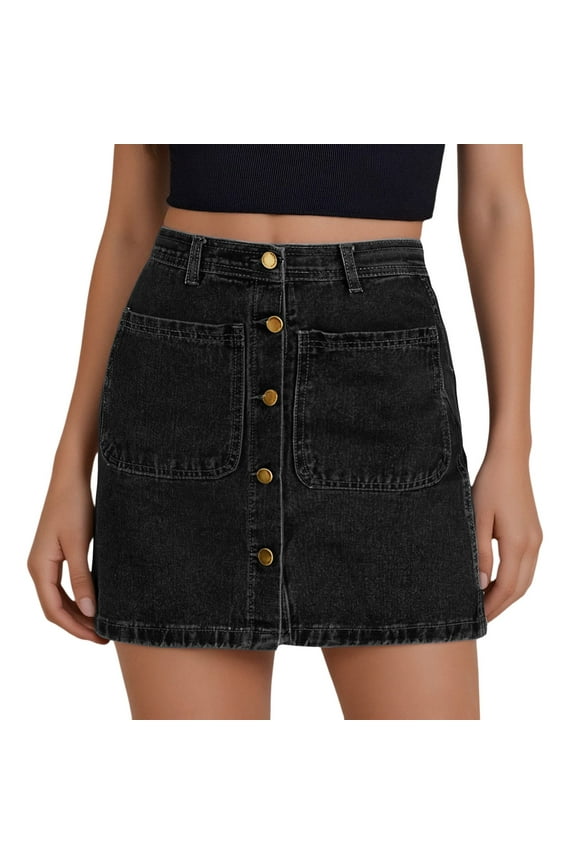 Women's Skirts Jean Denim High Waisted Mini Button Front Short Pencil with Patch Pockets Womens Clothes Black M