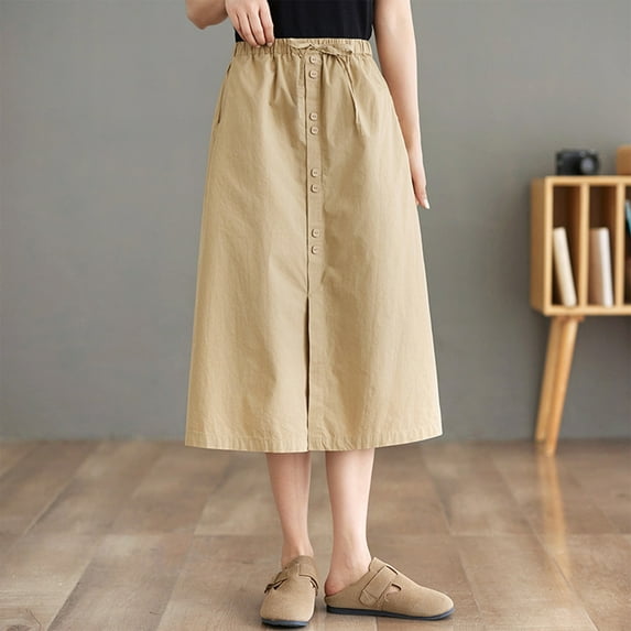 Women's Skirts LEBONYARD Women Plus Size Long Maxi Skirts,Women's Summer Casual Button Open-line Pocket Loose Straight Skirt Khaki L