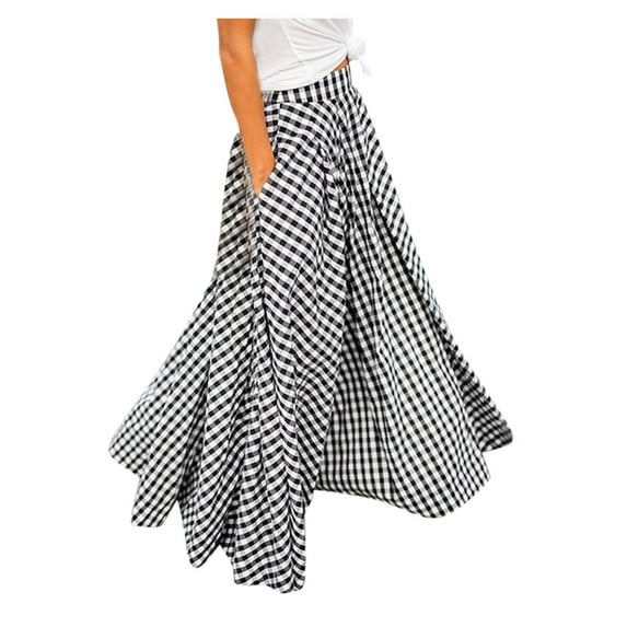 Women's Skirts Plaid Print Skirt with Large Hem and High Waist Pocket Skirt Summer Clothes for Women Black L