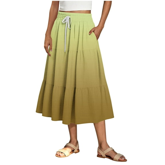 Women's Skirts with Pockets New Womens Boho Skirt Casual Trendy Drawstring High Waist Soft Beach Outfits Loose Lounge Summer Vacation Clothes Yellow XL