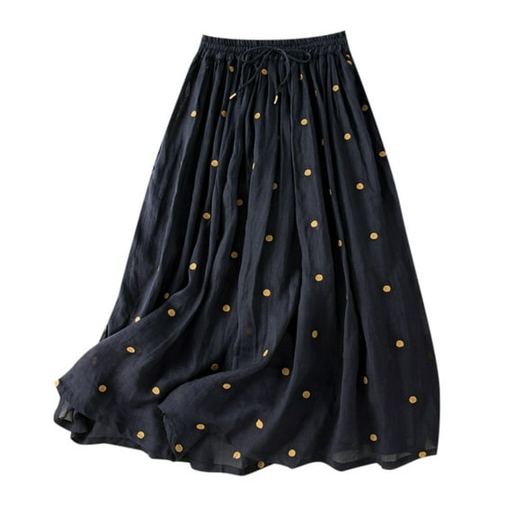 Women's Skirts Retro Midi Polka Dot Skirt Elastic Waist Cotton and Linen Hem Pleated Skirt Long Maxi Skirt Navy XXL