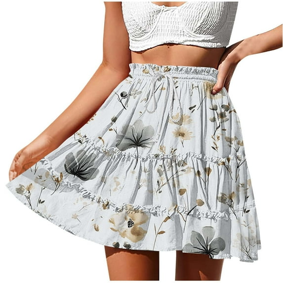 Women's Skirts Summer Casual Floral Print Tiered Pleated Mini Skirt Elastic High Waist Drawstring Skirts
