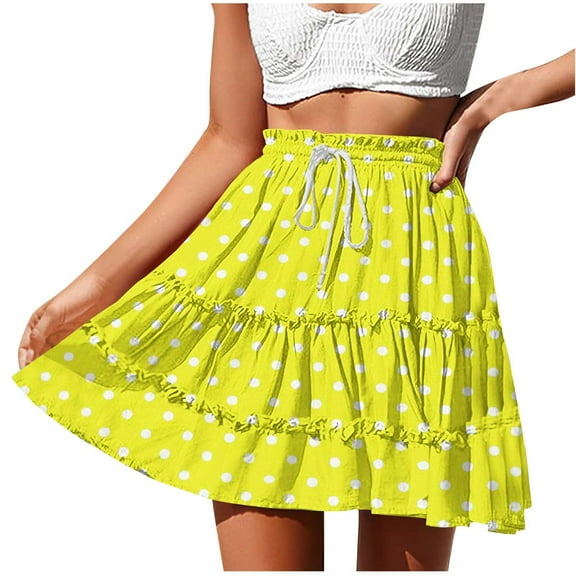 Women's Skirts Summer Casual Floral Print Tiered Pleated Mini Skirt Elastic High Waist Drawstring Skirts
