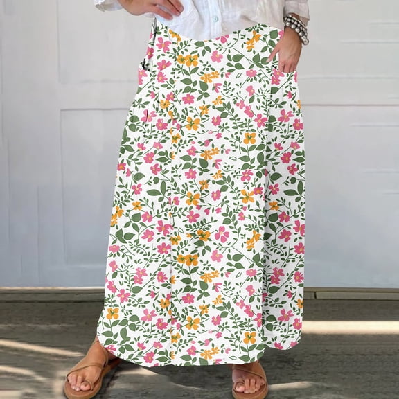 Women's Skirts Viikei High-Waist Skirt with Belt Loops,Women's Printed Elastic Waistband Pleated Pocket Skirt With Mid Calf Skirt Khaki S