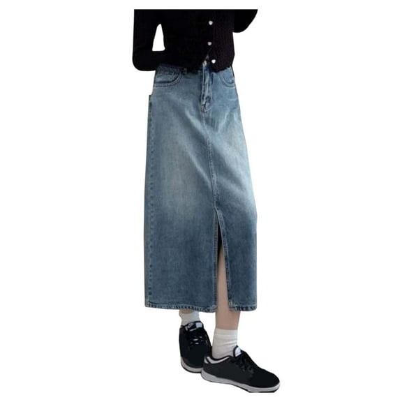 Women's Skirts Vintage Washed Denim Midi High Waist Split Slim Fit A Line Pencil Skirt Summer Clothes for Women Blue XL