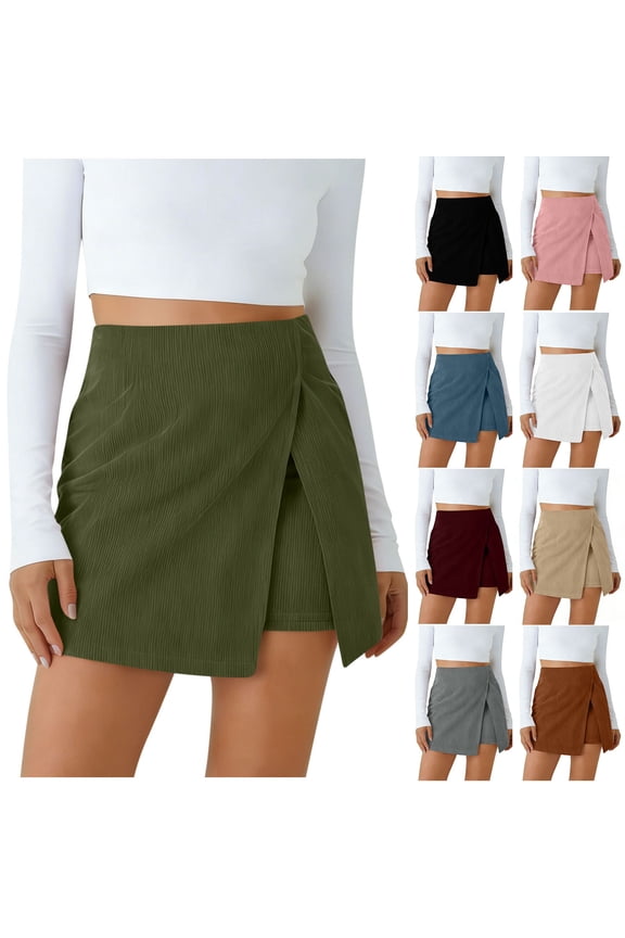 Women's Skirts with Built in Shorts Plus Size Solid Color Zipper Basic Versatile Stretchy Flared Casual Mini Skirt Short Skirt for Women