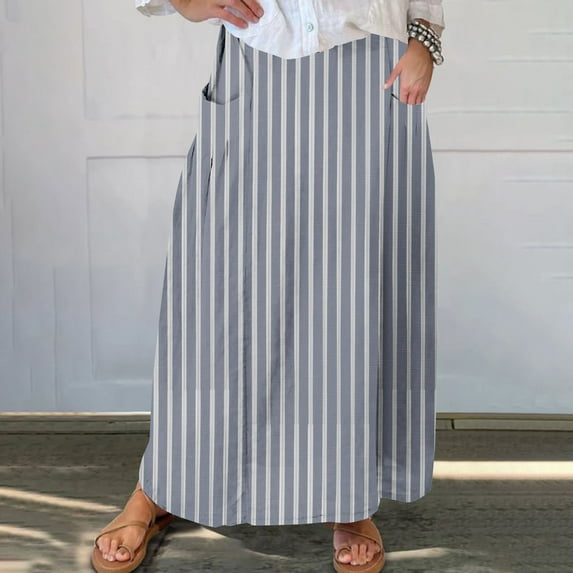 Women's Skirts with Pockets Trendy Stripes Printed Elastic Waist Pleats Midi Skirts for Spring Summer Fall Gray S-5XL