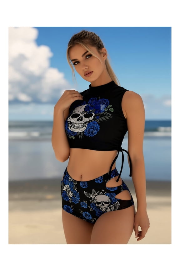 Women's Skull & Blue Rose Print Two Piece Bikini Set - High Neck Crop Top, Cutout High Waisted Bottom - Edgy Gothic Swimwear for Beach & Pool