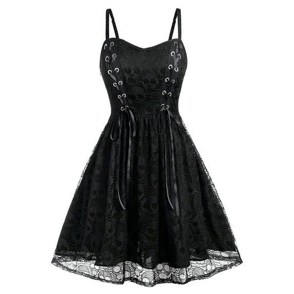 Women's Skull Print Goth Dress 2025 Halloween Camisole Punk Dress Lace Spaghetti Strap Steampunk Dress Goth Clothes