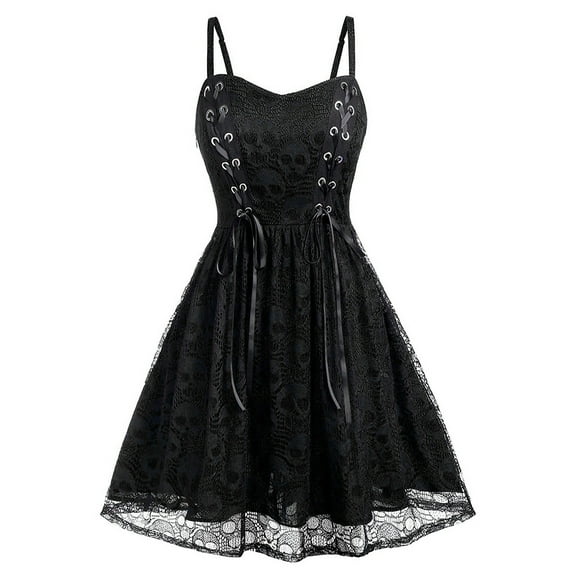 Women's Skull Print Goth Dress 2025 Halloween Camisole Punk Dress Lace Spaghetti Strap Steampunk Dress Goth Clothes