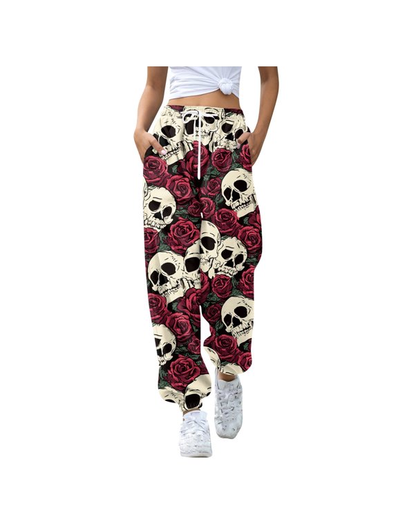 Women's Skull and Rose Print Casual Pants, High Waist Elastic Drawstring Halloween Lounge Trousers with Pockets