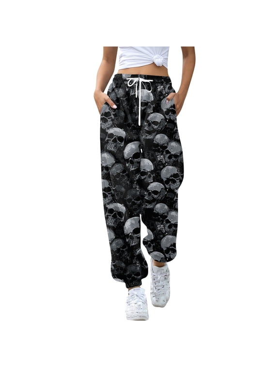 Women's Skull and Rose Print Casual Pants, High Waist Elastic Drawstring Halloween Lounge Trousers with Pockets