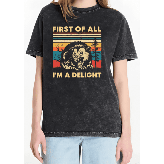 Women's Skunk "I'm A Delight" Graphic Cotton Washed T Shirt Casual Comfortable Black S-2XL Plus Size