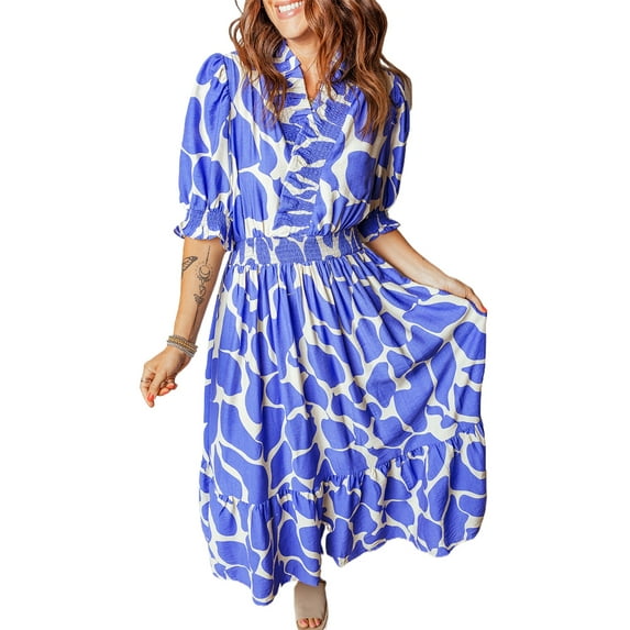 Women's Sky Blue Abstract Print Puff Sleeve Maxi Dress – Casual A-Line Style for Summer, XL