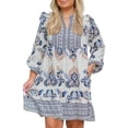 thumbnail image 1 of Women's Sky Blue Boho Print Mini Dress – Long Sleeve Split Neck for Effortless Spring Style, 4X, 1 of 5