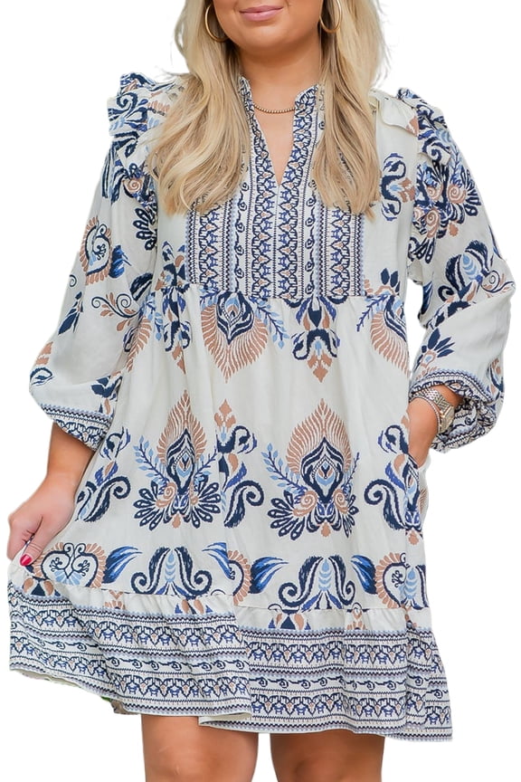 Women's Sky Blue Boho Print Mini Dress – Long Sleeve Split Neck for Effortless Spring Style, 4X