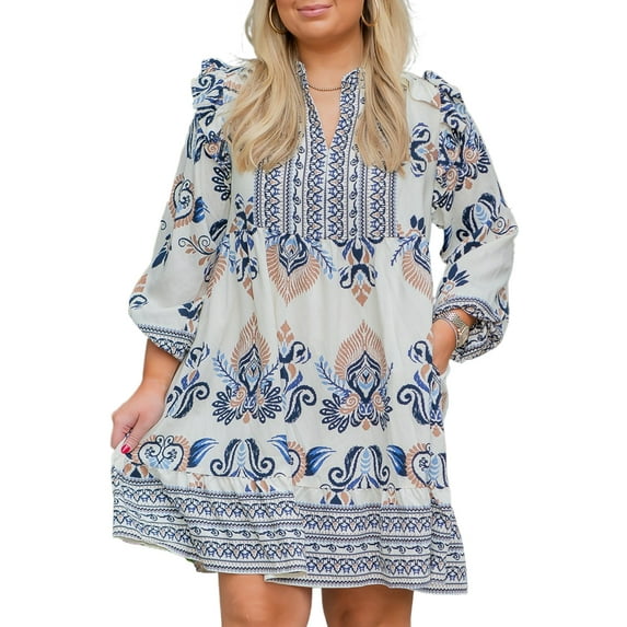 Women's Sky Blue Boho Print Mini Dress – Long Sleeve Split Neck for Effortless Spring Style, 4X