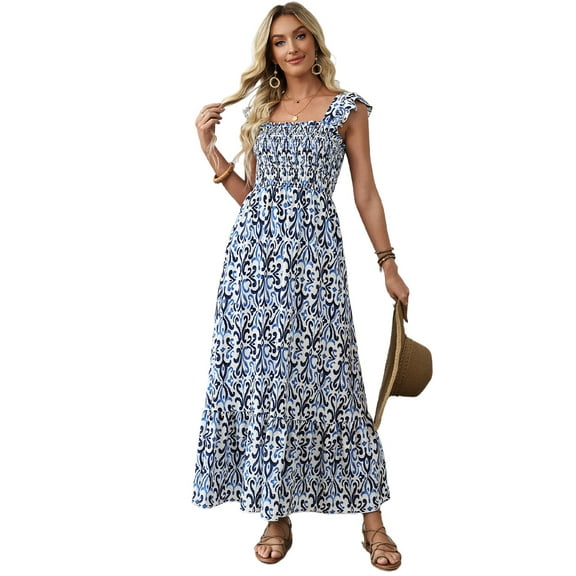 Women's Sky Blue Boho Print Smocked High Waist Maxi Dress - Flowy & Elegant | [ZhiHiMeRi] | (US 12-14)L