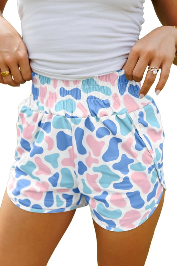 Women's Sky Blue Camouflage Athleisure Shorts – High Waist Shirred Casual Shift Shorts, S