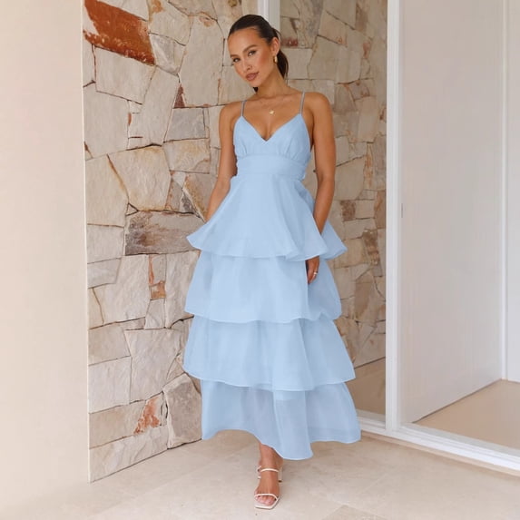 Women's Sky Blue Chiffon Spaghetti Strap V-Neck Ruffle Tiered Maxi Party Dress