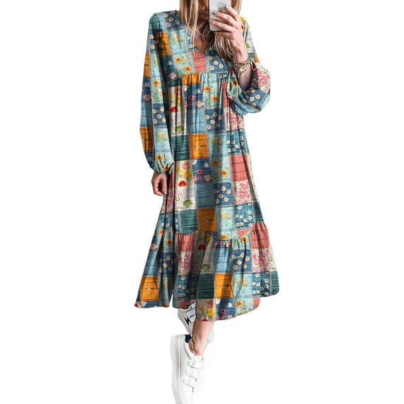 Women's Sky Blue Floral Checkered Bubble Sleeve Ruffle Hem Dress - Casual V Neck with Pockets | L
