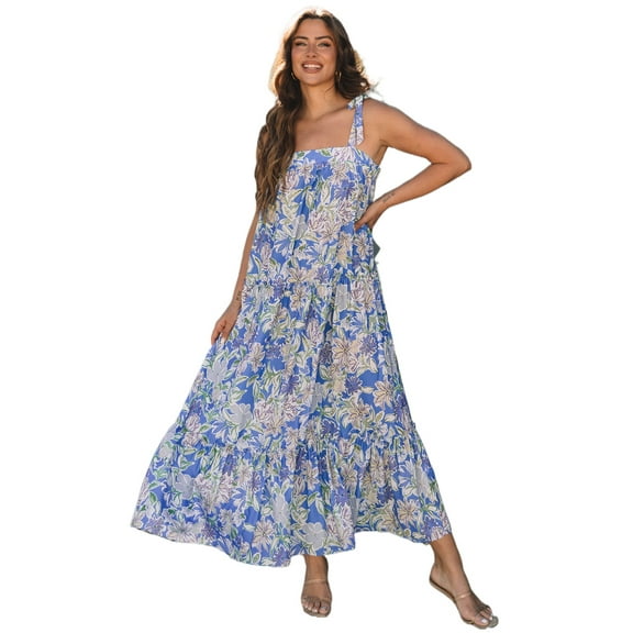 Women's Sky Blue Floral Print Maxi Dress with Self-Tie Straps and Ruffle Details | [ZhiHiMeRi] | (US 16-18)XL