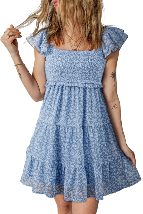 Women's Sky Blue Floral Print Mini Dress – Casual Flutter Sleeve Shift for Summer Days, XL