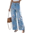 thumbnail image 1 of Women's Sky Blue Floral Print Shift Jeans – High Waist Denim with Frayed Hem for Casual Daily Wear, 16, 1 of 7