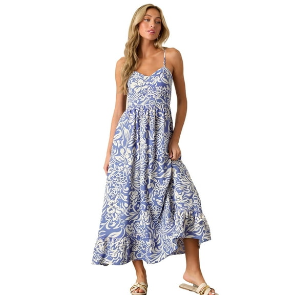 Women's Sky Blue Floral Print Spaghetti Strap High Waist Maxi Dress for Summer | [ZhiHiMeRi] | (US 12-14)L