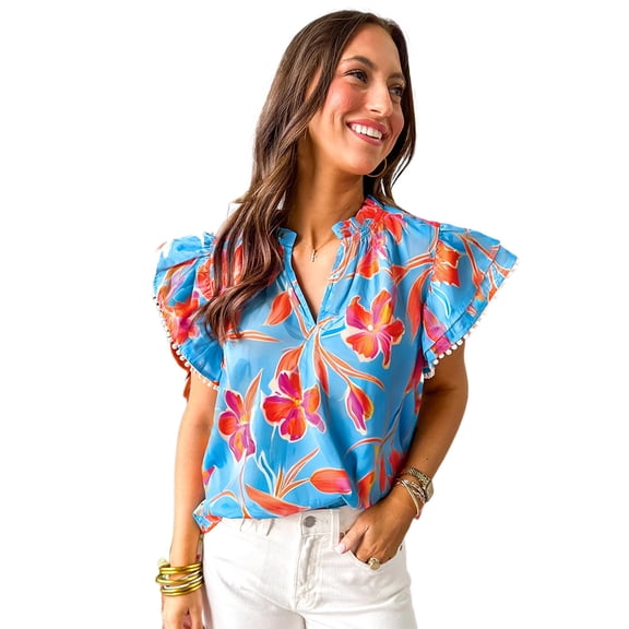 Women's Sky Blue Floral Print V Neck Blouse with Pompom Trim and Flutter Sleeves - [ZhiHiMeRi] | (US 12-14)L