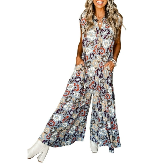 Women's Sky Blue Floral Sleeveless Wide Leg Jumpsuit with Pockets | [ZhiHiMeRi] | (US 12-14)L